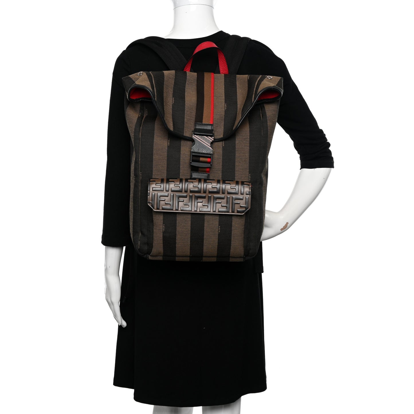 Fabric Jacquard Cuoio Romano Vitello Pequin Bi-Color FF 1974 Embossed Backpack Tobacco Moro Rosso Malboro Maya Black