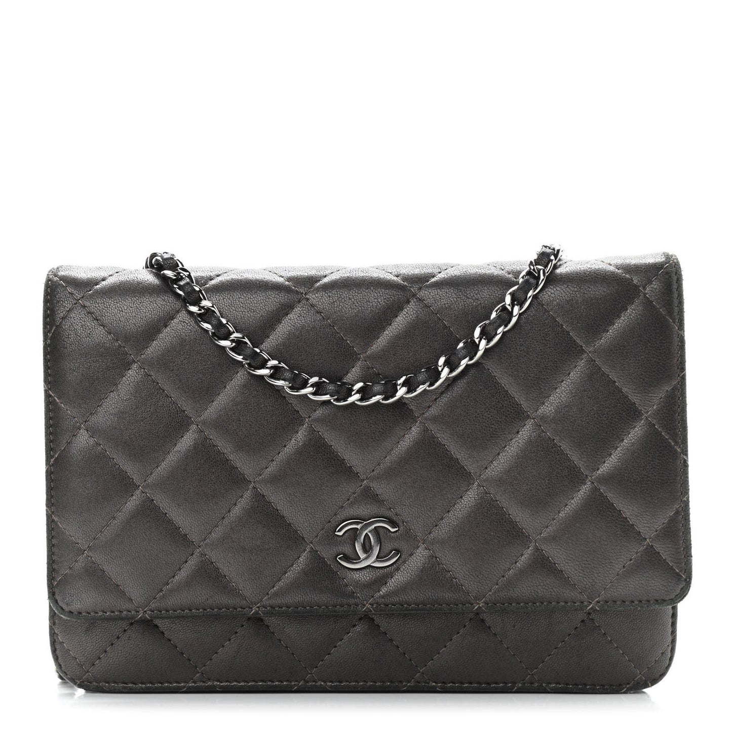Metallic Lambskin Quilted Wallet On Chain WOC Dark Grey