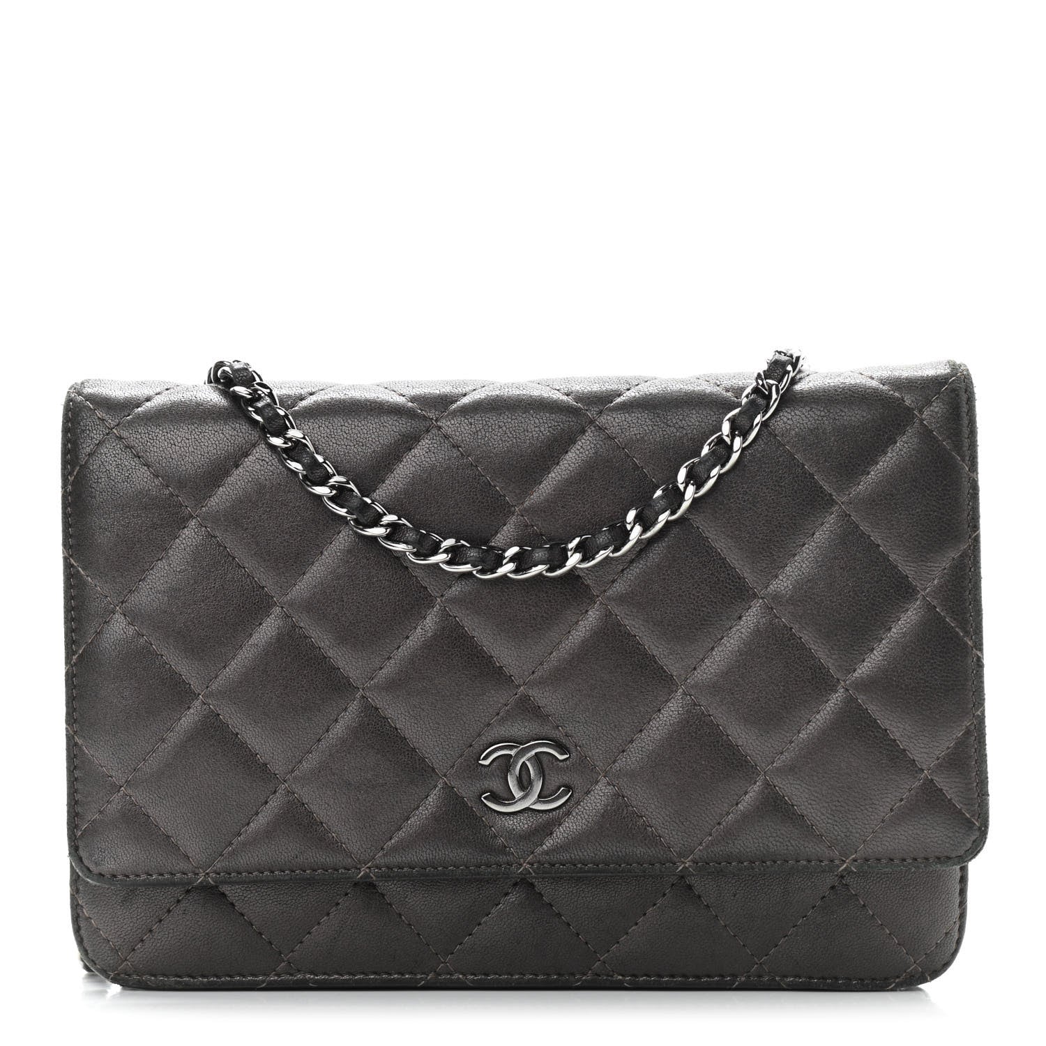 Chanel Metallic Lambskin Quilted Wallet On Chain WOC Dark Grey 1 of 12