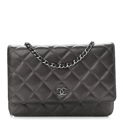 Chanel Metallic Lambskin Quilted Wallet On Chain WOC Dark Grey 1 of 12
