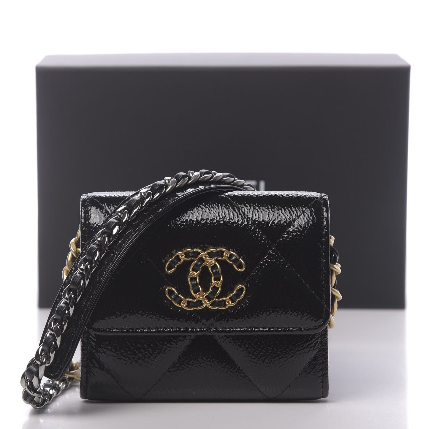 Shiny Crumpled Calfskin Quilted Chanel 19 Flap Coin Purse With Chain Black