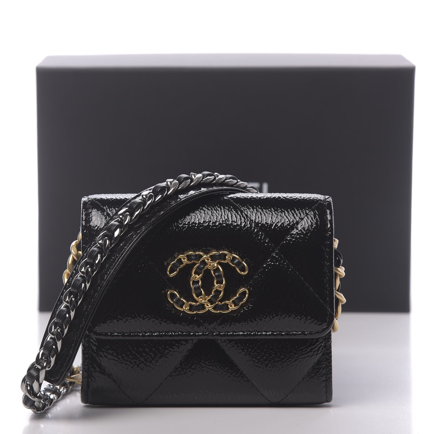Chanel Shiny Crumpled Calfskin Quilted Chanel 19 Flap Coin Purse With Chain Black 12 of 12