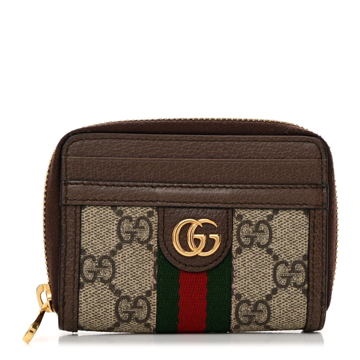 Gucci GG Supreme Monogram Textured Dollar Calfskin Web Ophidia Zip Around Card Case Wallet Beige Ebony New Acero 1 of 7