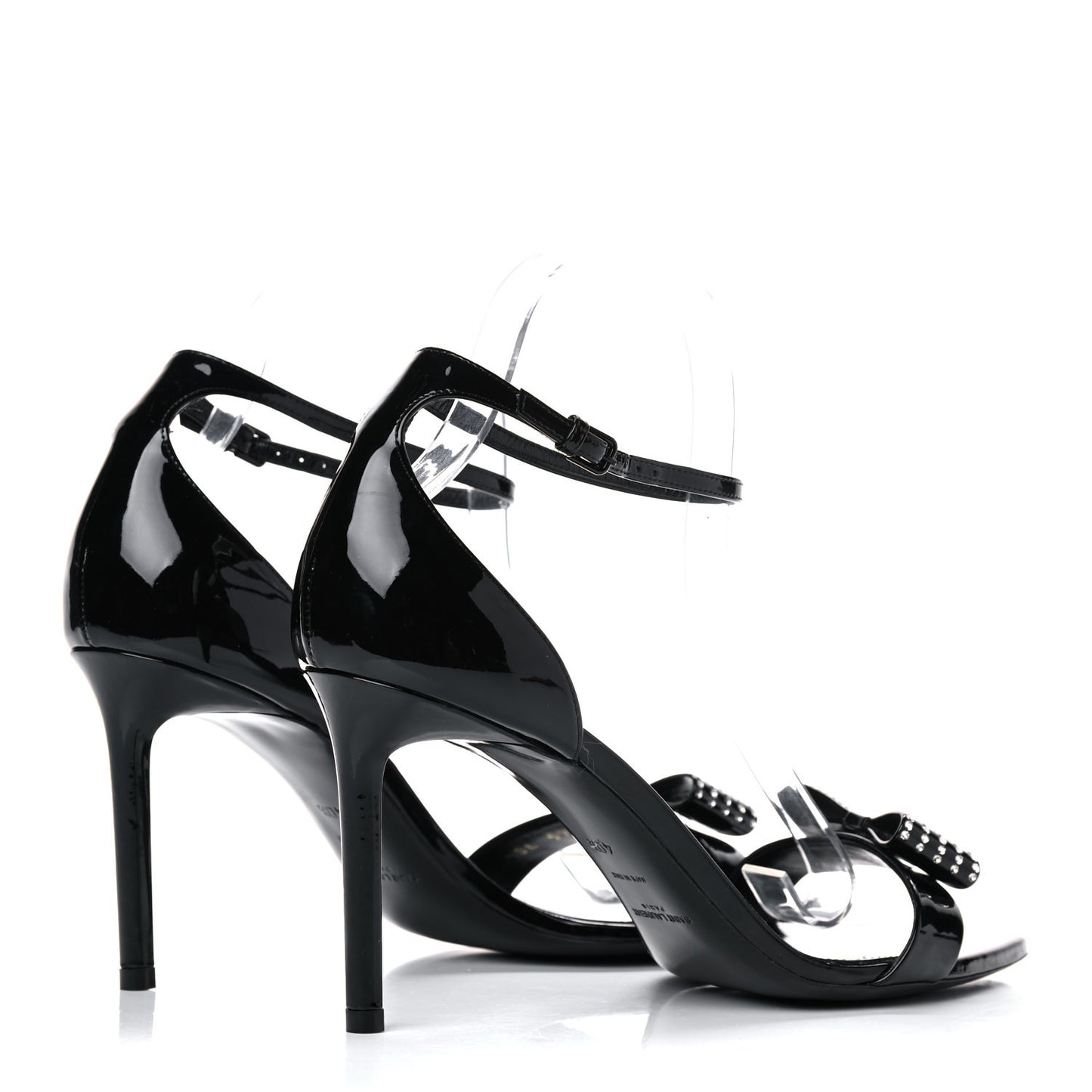 Patent Calfskin Crystal Amber Bow 85 Ankle Strap Sandals 40.5 Black