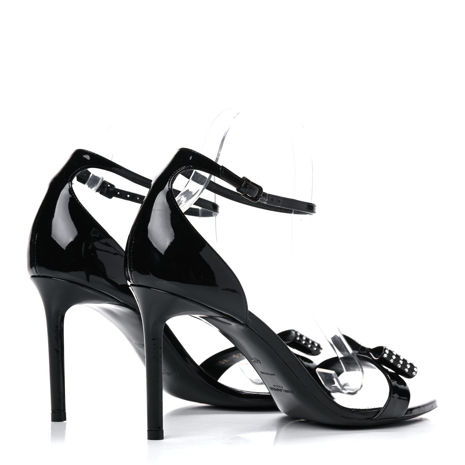 Saint Laurent Patent Calfskin Crystal Amber Bow 85 Ankle Strap Sandals 40.5 Black 4 of 15