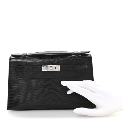 Hermes Lizard Kelly Pochette Clutch Black 2 of 8