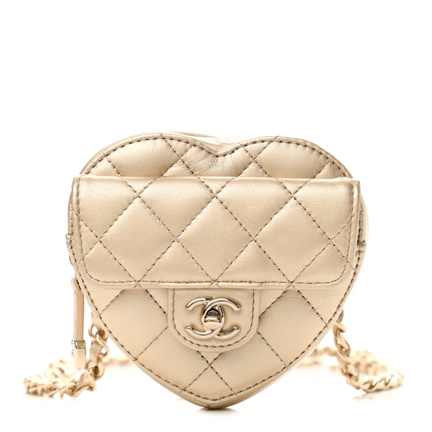 Chanel Metallic Lambskin Quilted CC In Love Heart Waist Belt Bag With Chain Gold 1 of 10
