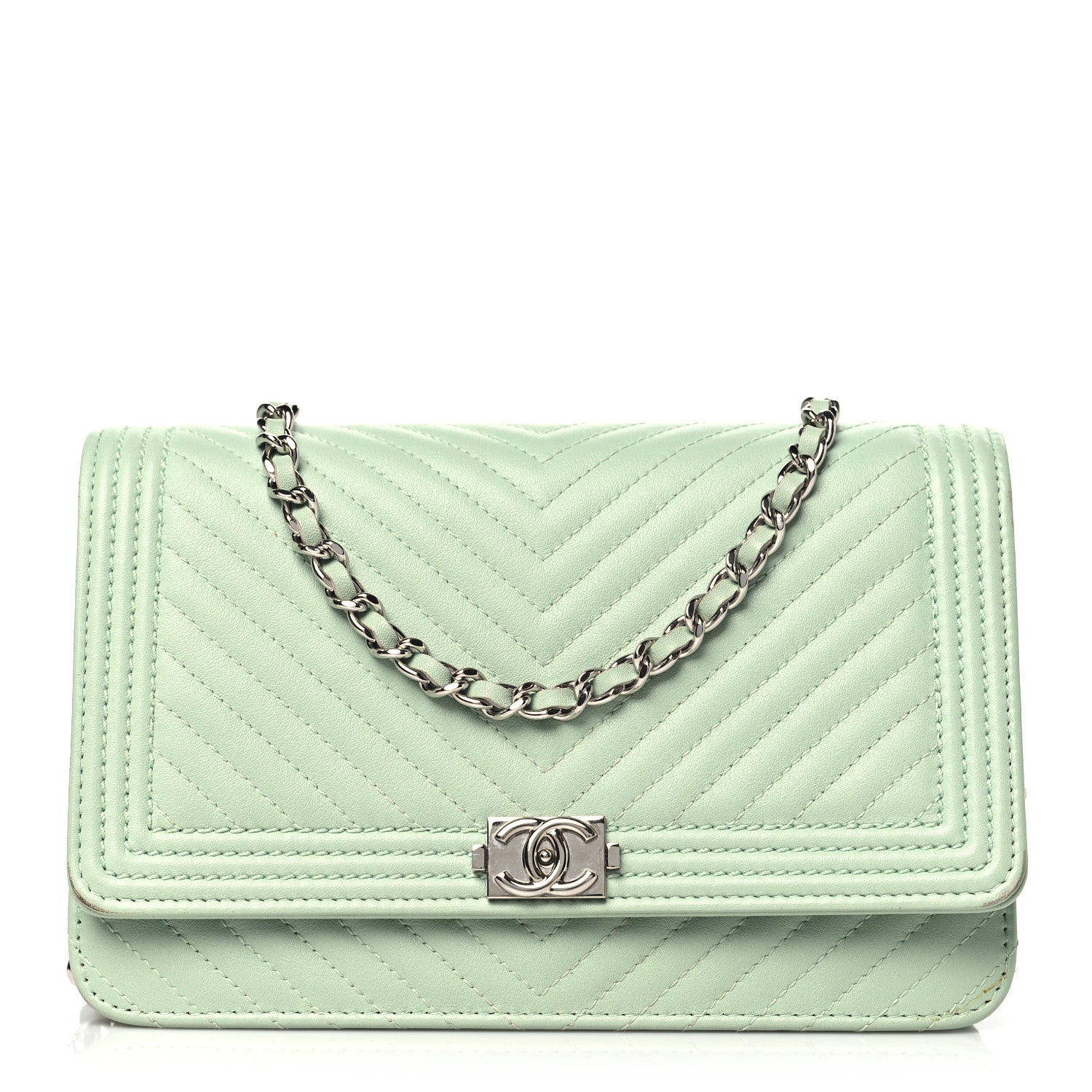 Chanel Lambskin Chevron Quilted Boy Wallet On Chain WOC Light Green 1 of 14