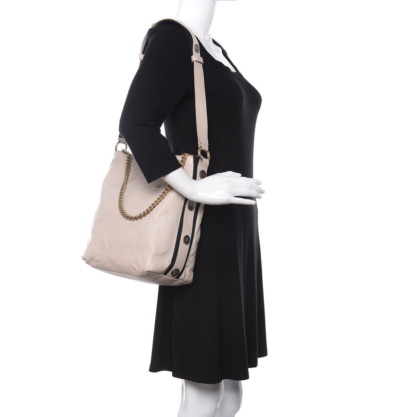 Calfskin Stitched Large Button Up Hobo Beige