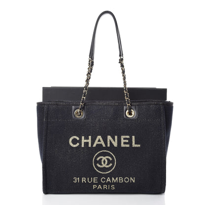 Chanel Lurex Canvas Small Deauville Tote Navy Blue Gold 10 of 10
