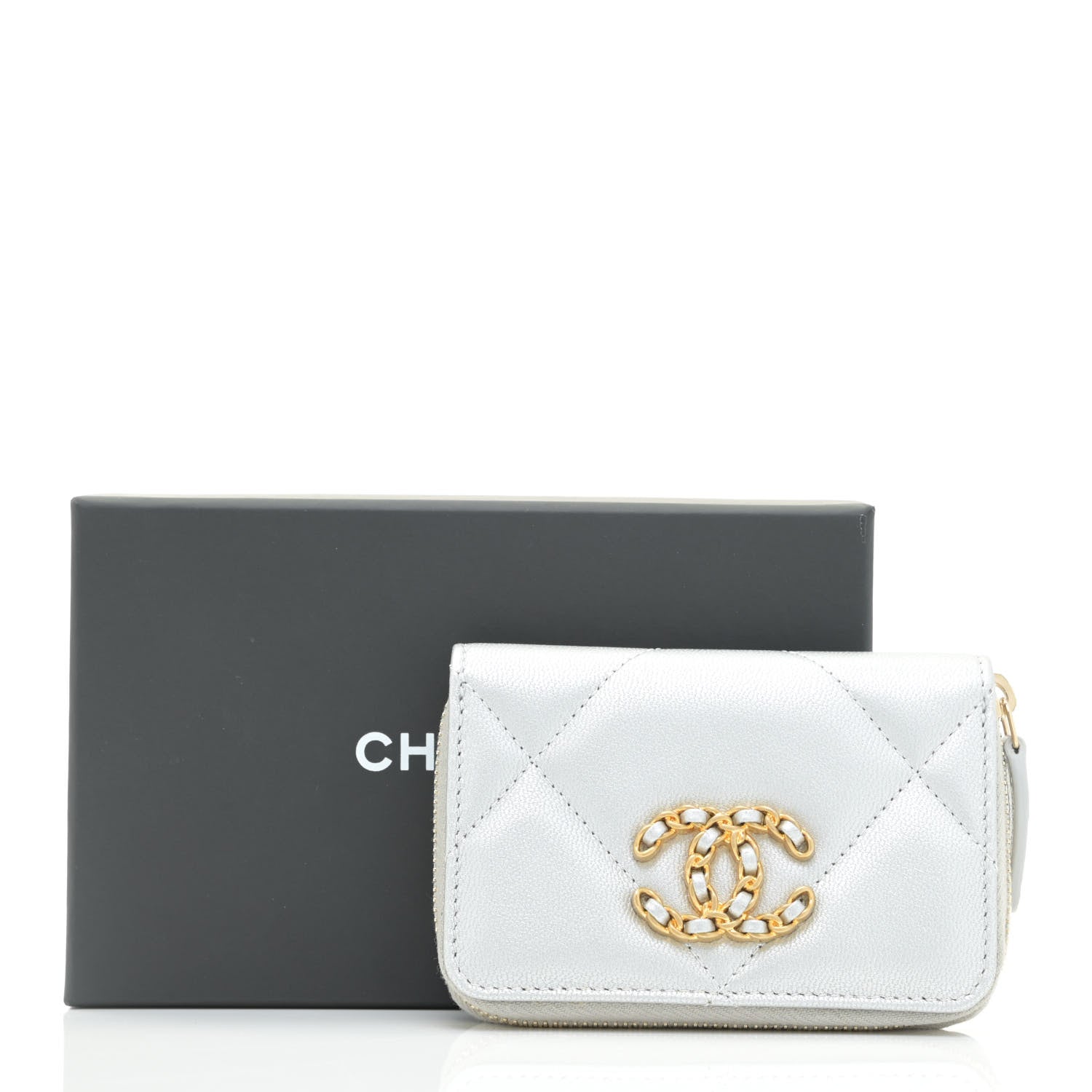 Chanel Metallic Lambskin Quilted 19 Zip Around Coin Purse Wallet Silver 10 of 11