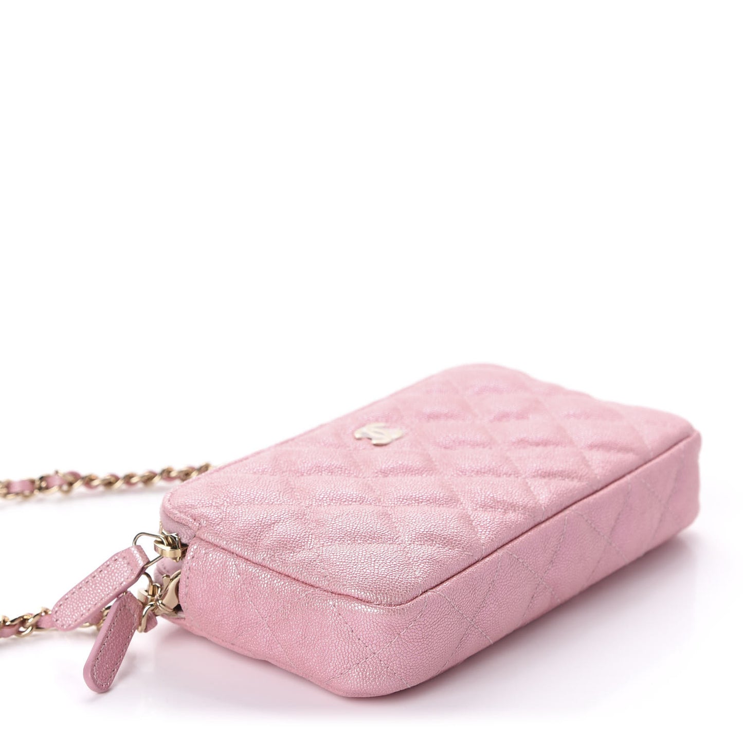 Iridescent Caviar Quilted Small Clutch With Chain Pink