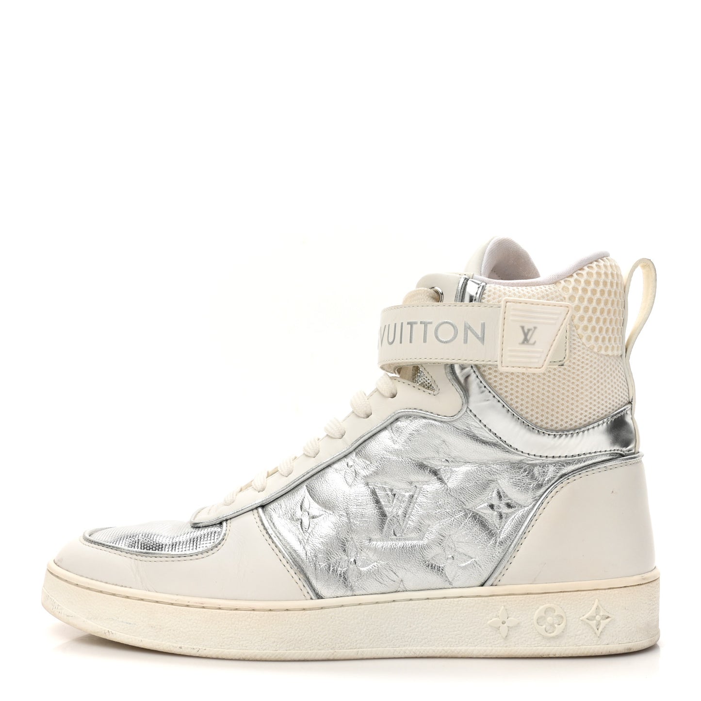 Metallic Calfskin Embossed Monogram Boombox Sneakers 37.5 White Silver