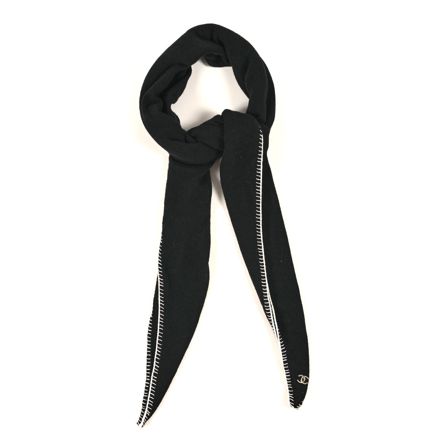 Chanel Cashmere Whipstitch Scarf Black White 1 of 3