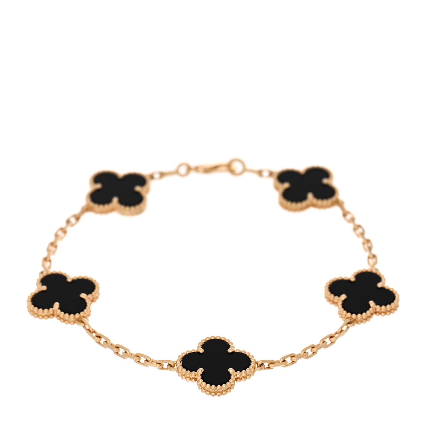 18K Yellow Gold Black Onyx 5 Motifs Vintage Alhambra Bracelet