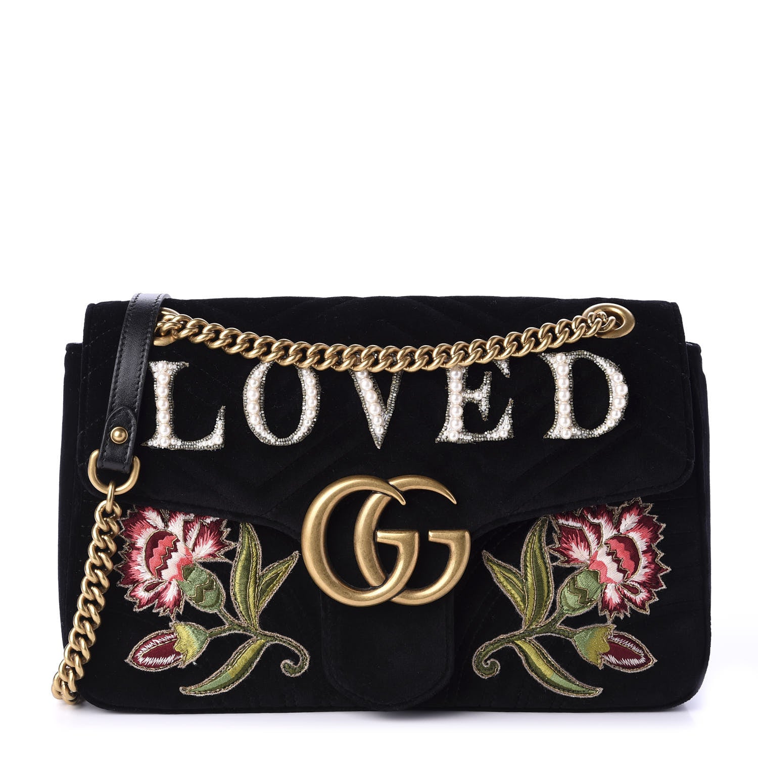 Gucci Velvet Matelasse Loved Embroidered Medium GG Marmont Shoulder Bag Black 1 of 10