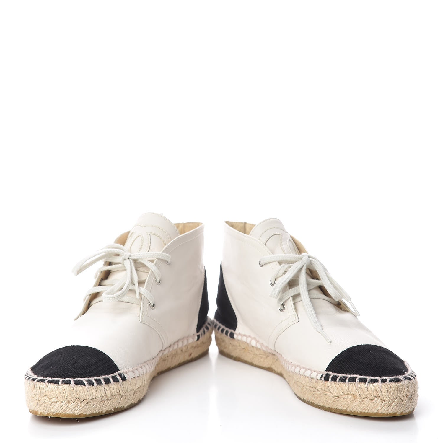 Chanel Lambskin Canvas Cap Toe Lace Up Espadrilles 38 White Black 5 of 12
