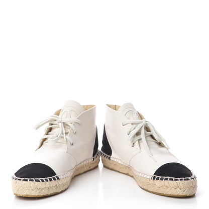 Chanel Lambskin Canvas Cap Toe Lace Up Espadrilles 38 White Black 5 of 12