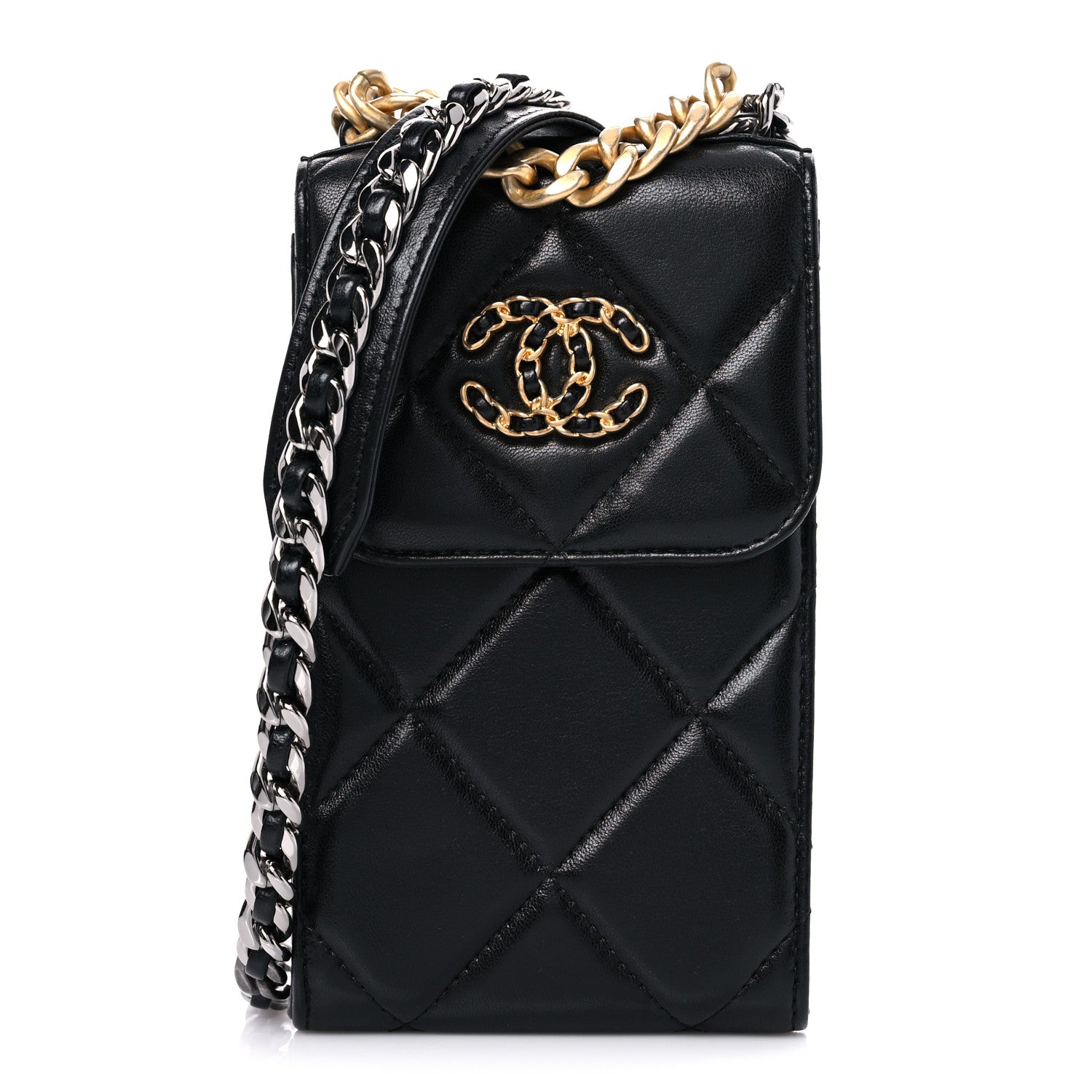 Chanel Lambskin Quilted Chanel 19 Phone Holder With Chain Black 1 of 12
