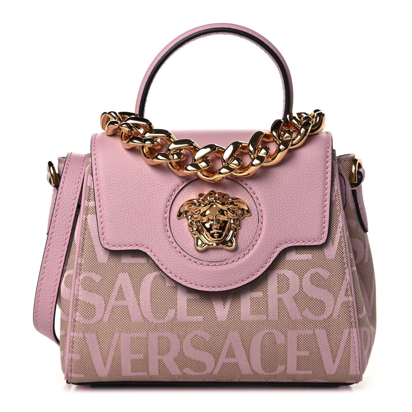 Calfskin Canvas Allover La Medusa Small Top Handle Handbag Pink