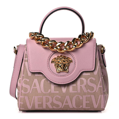 Versace Calfskin Canvas Allover La Medusa Small Top Handle Handbag Pink 1 of 8