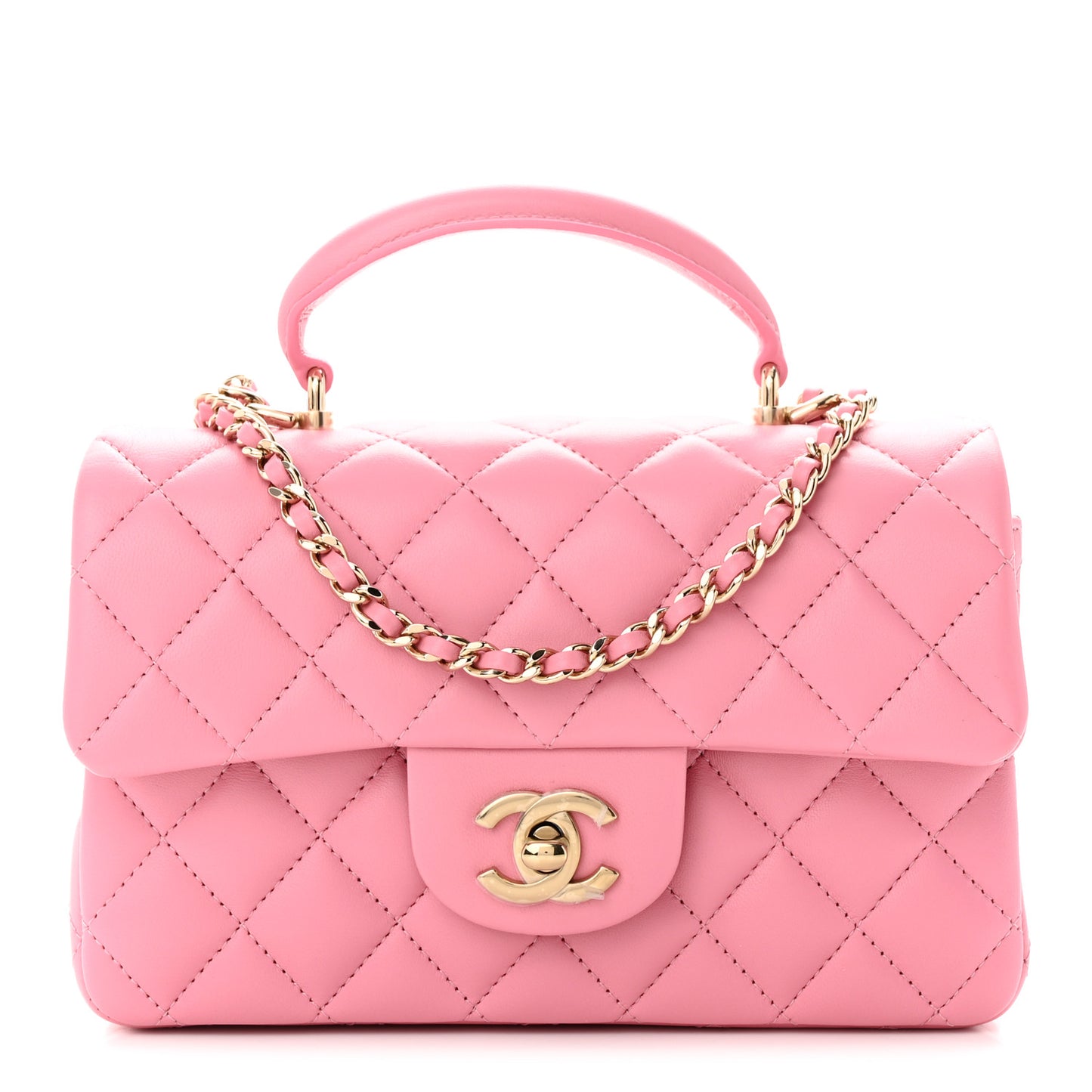 Lambskin Quilted Mini Top Handle Rectangular Flap Pink
