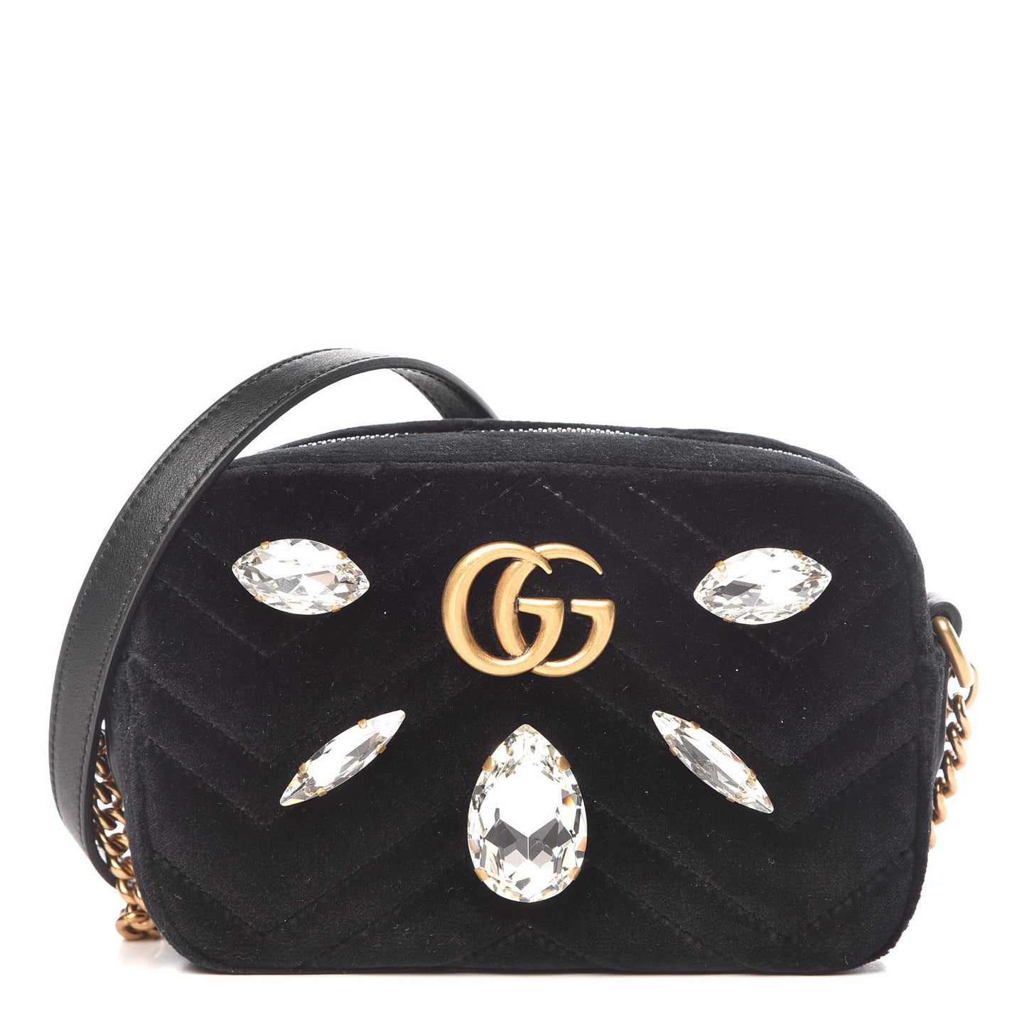 Velvet Matelasse Marquise Crystals Mini GG Marmont Chain Shoulder Bag Black