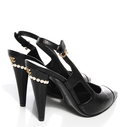 Chanel Leather Pearl Slingback Pumps 35.5 Black 4 of 9