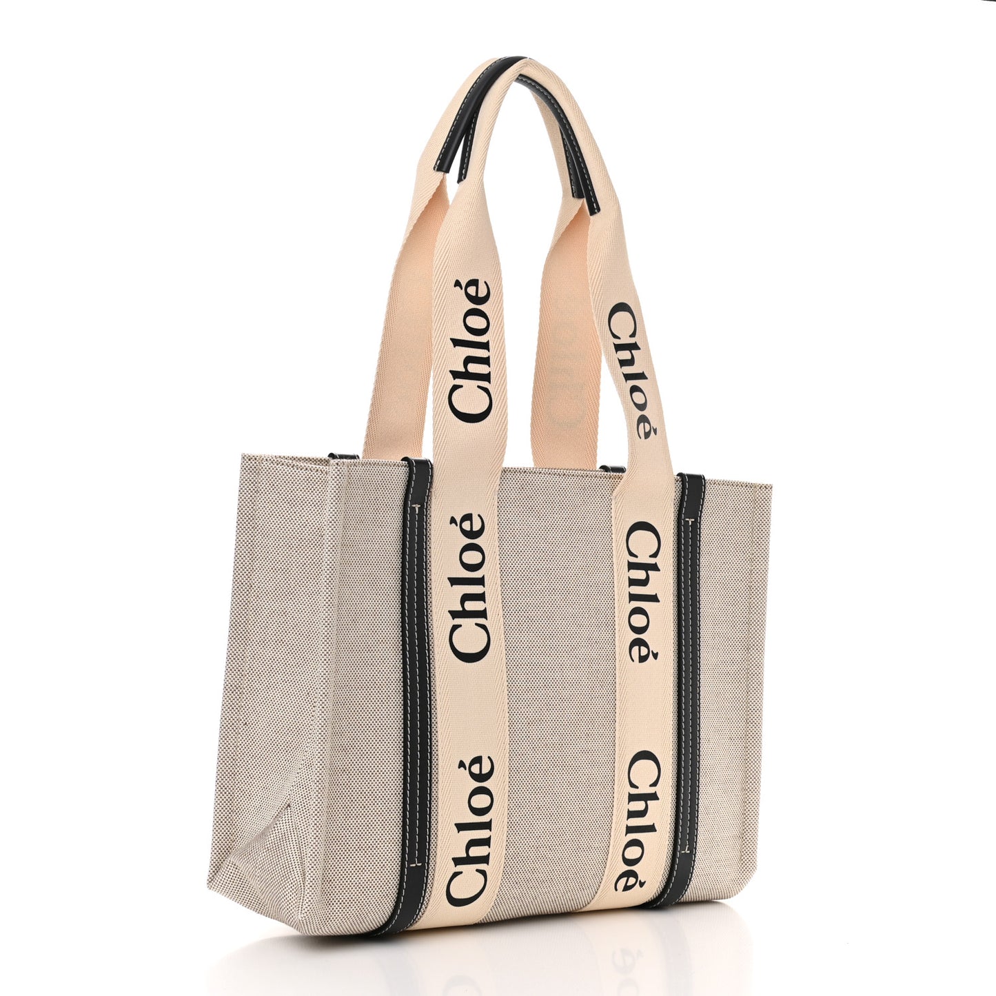 Cotton Calfskin Medium Woody Ribbon Tote White Black
