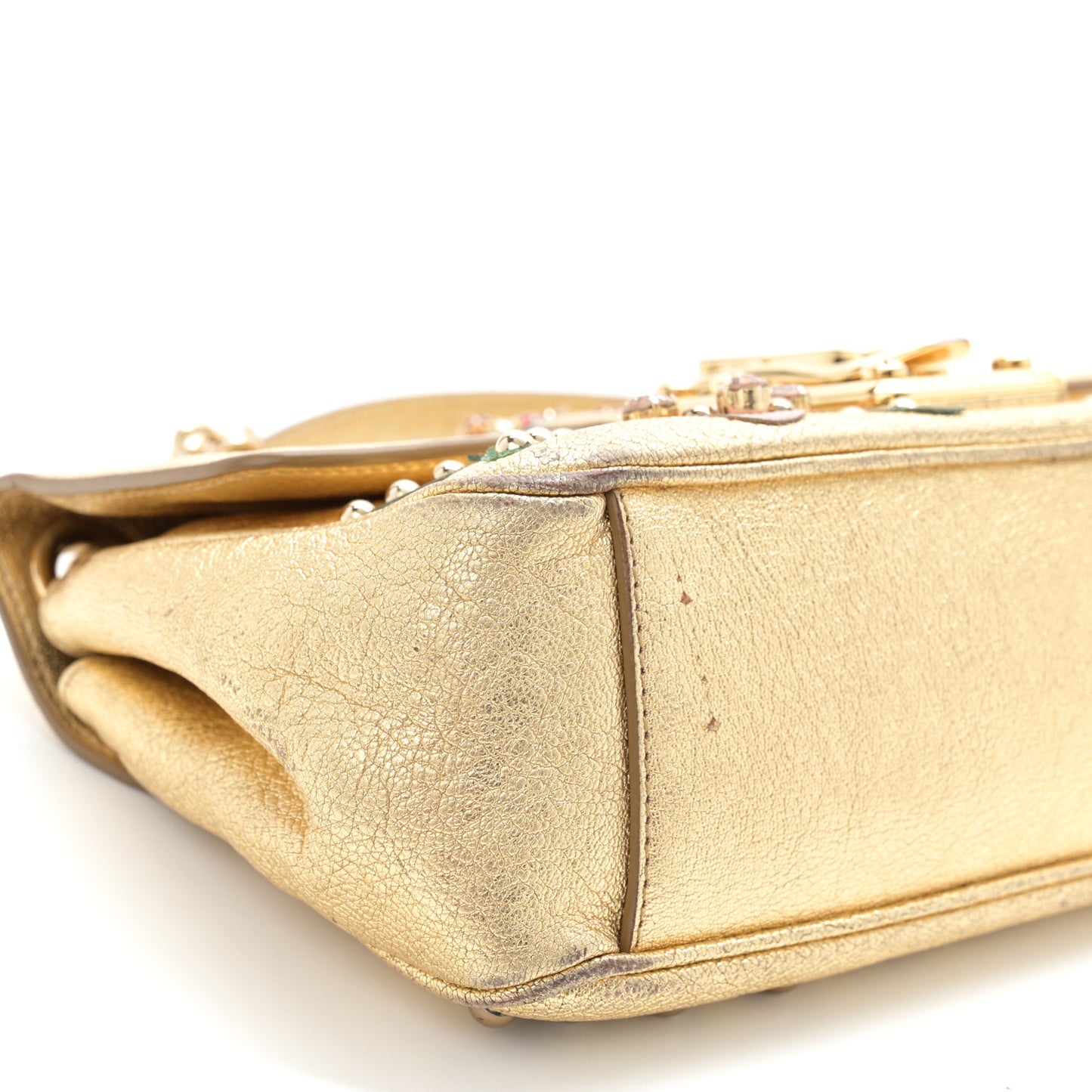 DOLCE & GABBANA Metallic Calfskin Crystal Embellished Lucia Shoulder Bag Gold Multicolor