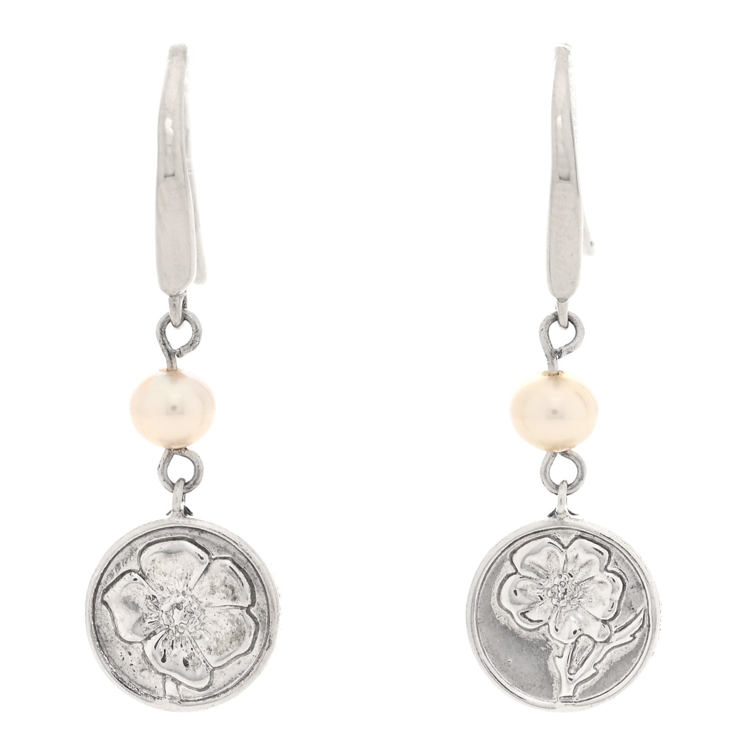 Tiffany Sterling Silver Pearl Flower Drop Earrings 1 of 4