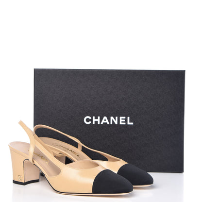 Chanel Goatskin Grosgrain Cap Toe CC Slingback Pumps 39 Beige Black 11 of 11