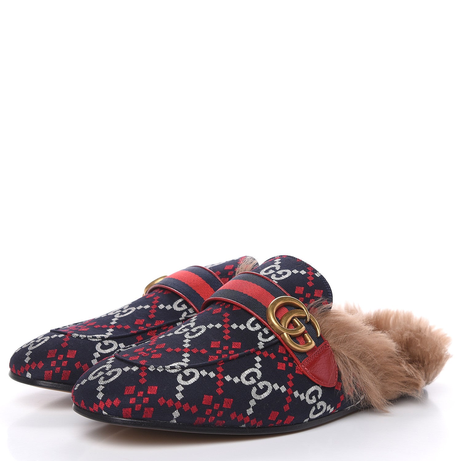 Gucci Canvas GG Monogram Diamond Fur Web GG Mens Princetown Slippers 9 Midnight Blue Hibiscus Red 3 of 8