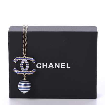 Chanel Resin Pearl Striped CC Drop Necklace Blue Gold 7 of 7