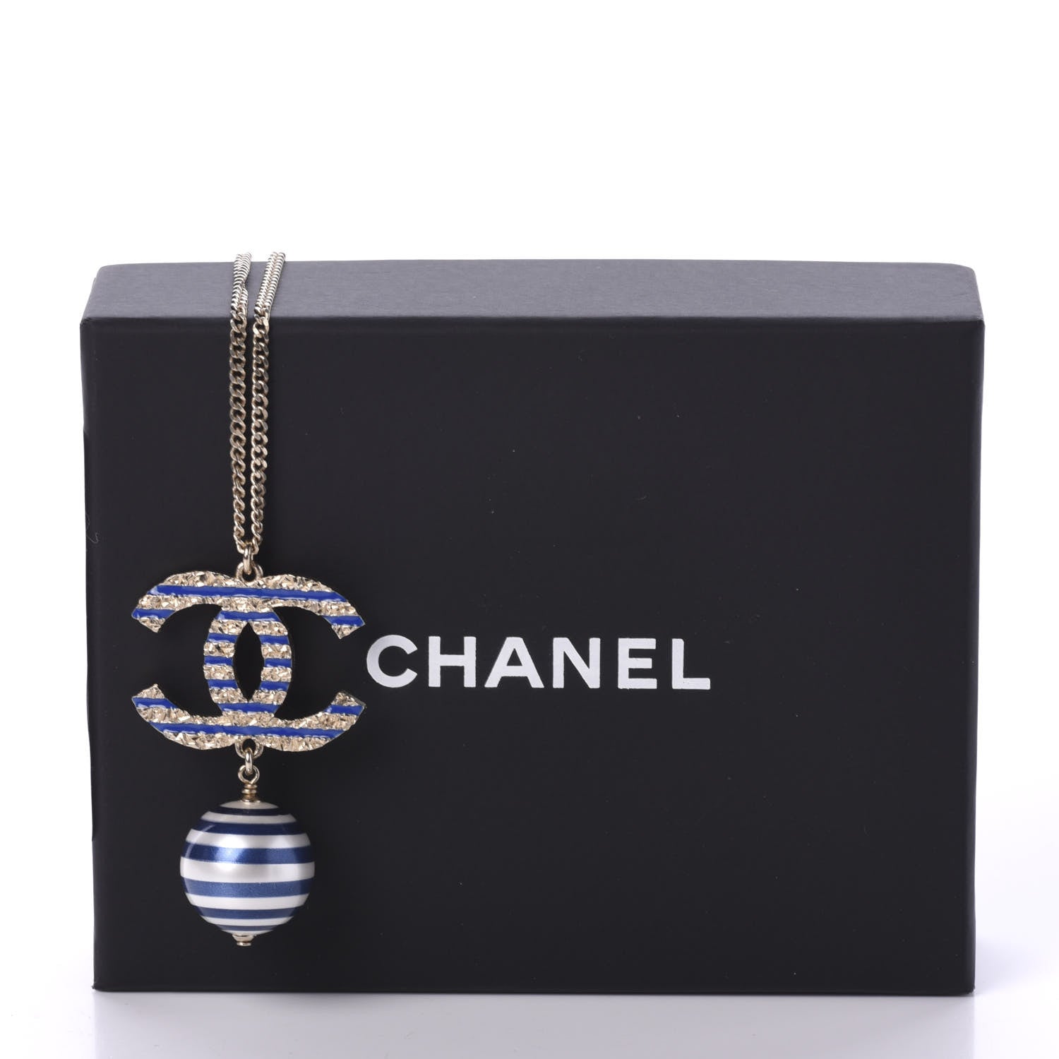 Chanel Resin Pearl Striped CC Drop Necklace Blue Gold 7 of 7