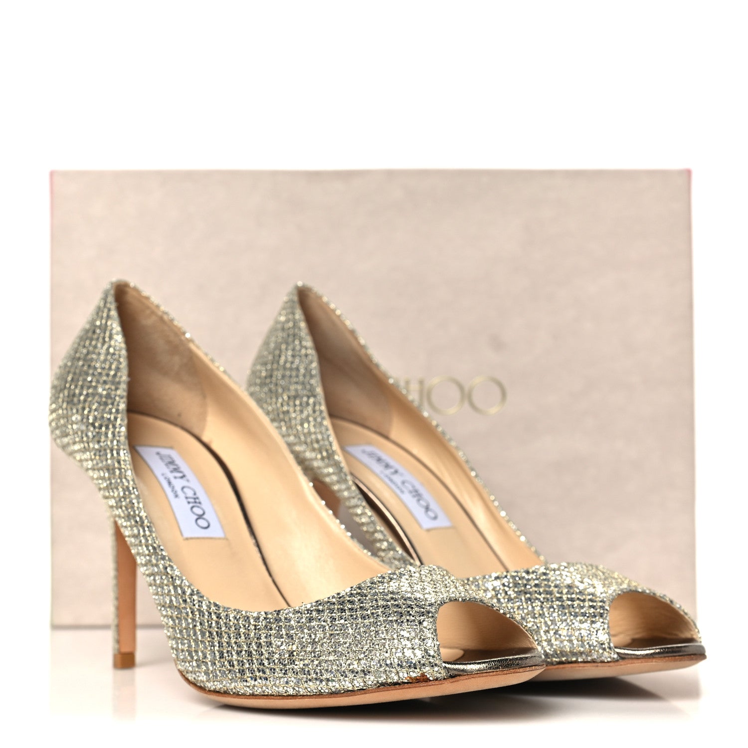 Jimmy Choo Glitter Fabric Evelyn Peep Toe Pumps 40.5 Champagne 9 of 9