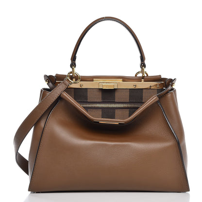 Fendi Vitello Seta Fabric Jacquard Pequin Medium Peekaboo Iconic Satchel Foresta Tobacco 5 of 11
