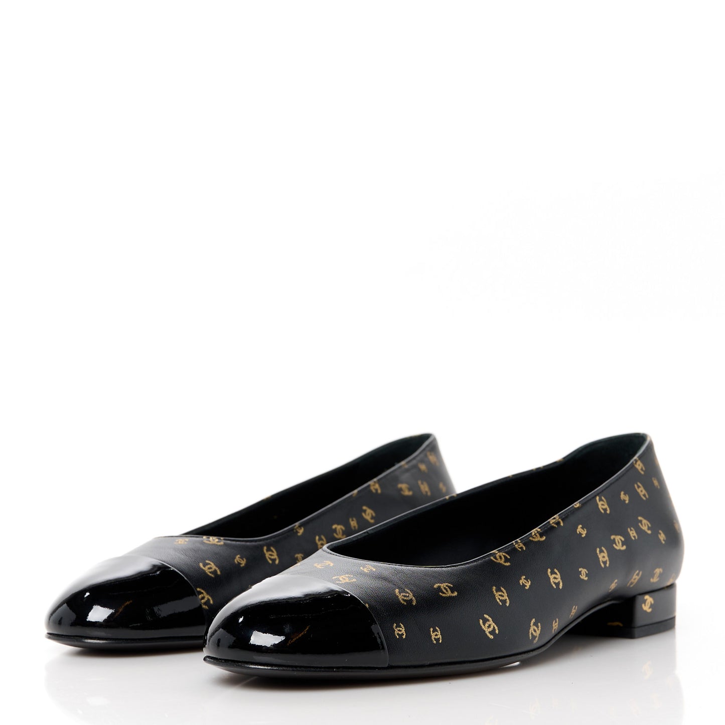 Lambskin Patent Calfskin Printed CC Cap Toe Ballerina Flats 37 Black Gold