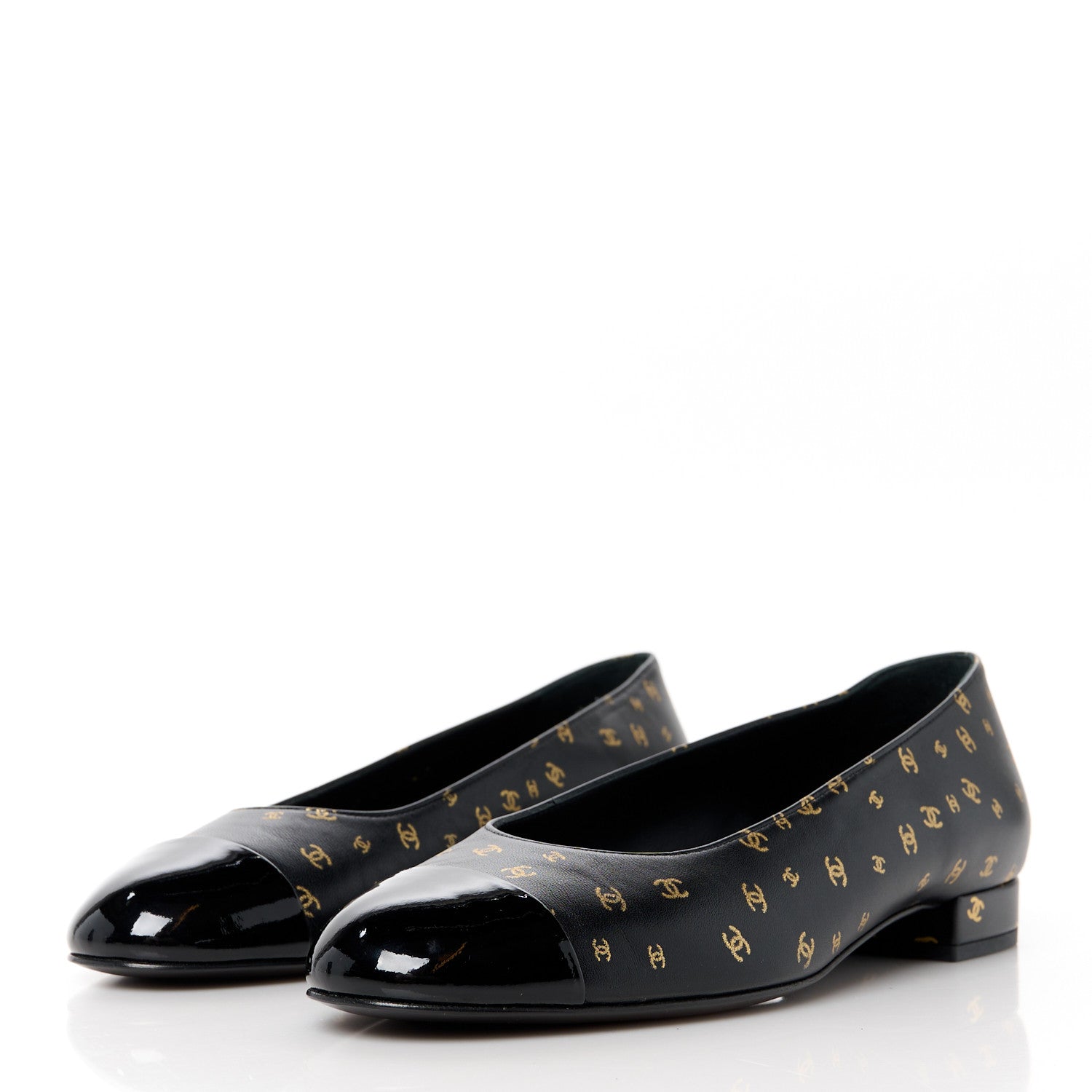 Chanel Lambskin Patent Calfskin Printed CC Cap Toe Ballerina Flats 37 Black Gold 3 of 9
