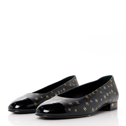 Chanel Lambskin Patent Calfskin Printed CC Cap Toe Ballerina Flats 37 Black Gold 3 of 9