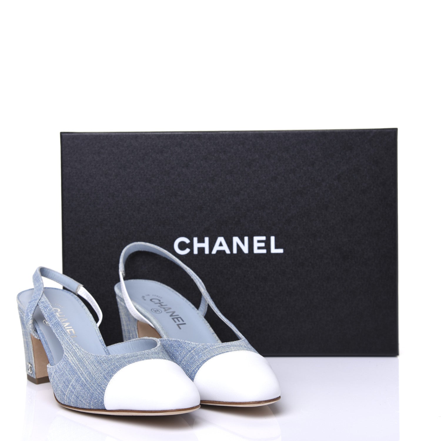 Chanel Denim Lambskin Cap Toe CC Slingback Pumps 39 Light Blue White 9 of 9
