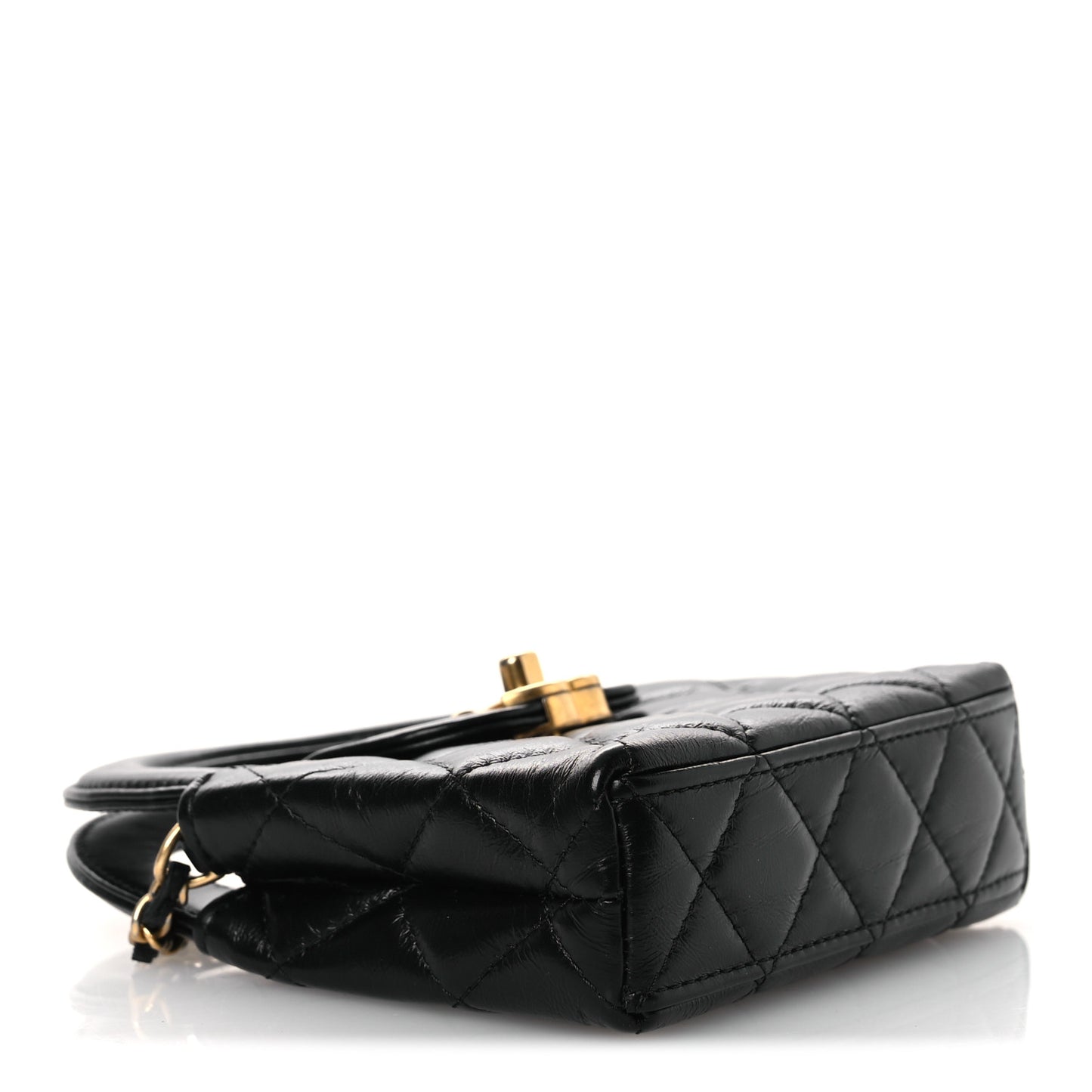 Shiny Aged Calfskin Quilted Mini Nano Kelly Shopper Black