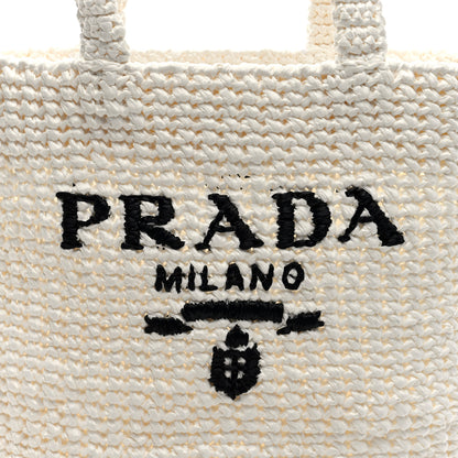 Prada Yarn Raffia Effect Crochet Embroidered Small Logo Tote White 8 of 10