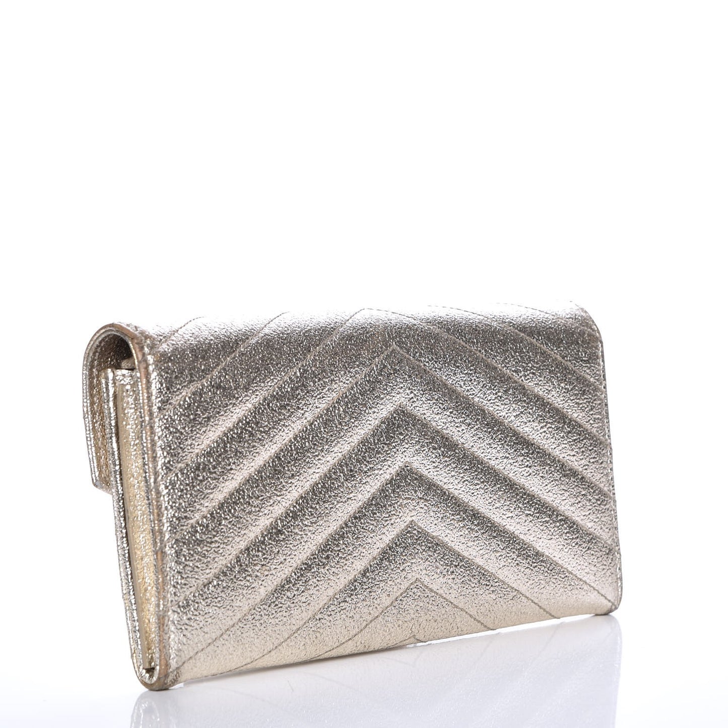 Metallic Crackled Calfskin Matelasse Chevron Monogram Flap Wallet Gold