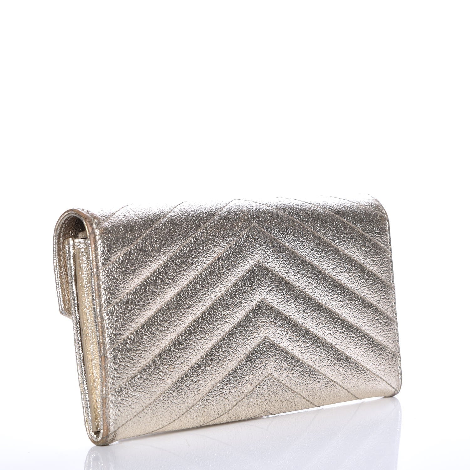 Saint Laurent Metallic Crackled Calfskin Matelasse Chevron Monogram Flap Wallet Gold 3 of 13