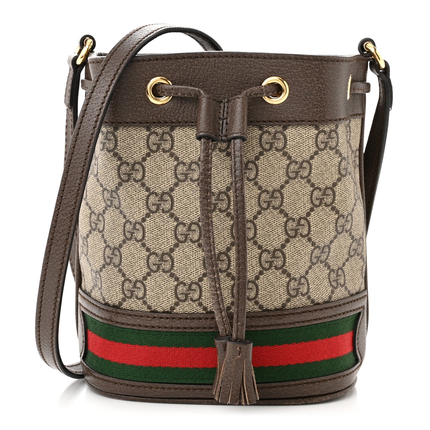 Gucci GG Supreme Monogram Web Mini Ophidia Bucket Bag Brown 1 of 12