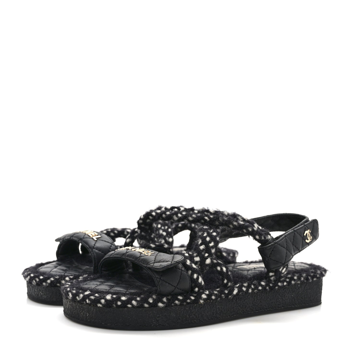Cord Lambskin Quilted Logo Sandals 38 Black White
