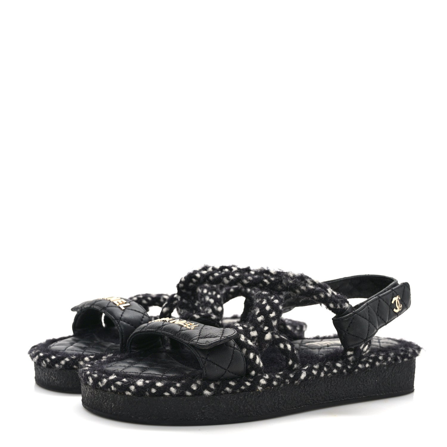 Chanel Cord Lambskin Quilted Logo Sandals 38 Black White 3 of 8