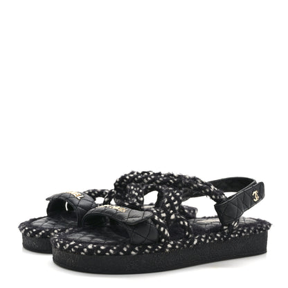 Chanel Cord Lambskin Quilted Logo Sandals 38 Black White 3 of 8