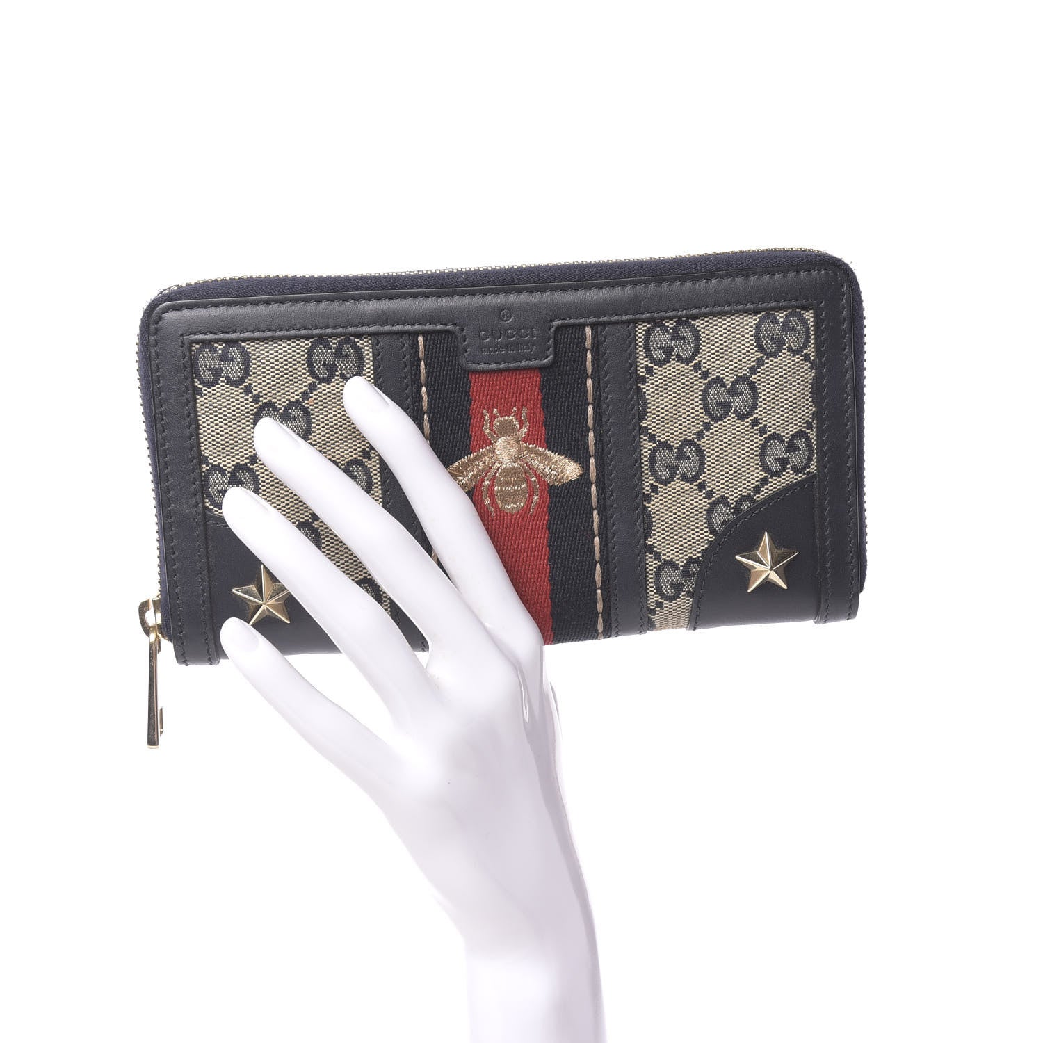 Gucci Monogram Web Rania Bee Star Zip Around Wallet Dark Blue 2 of 7